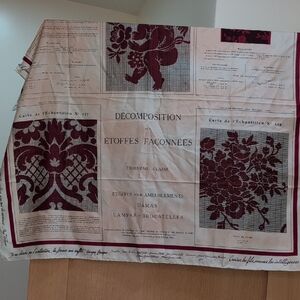 Decorative Fabric with French Text and Floral Design